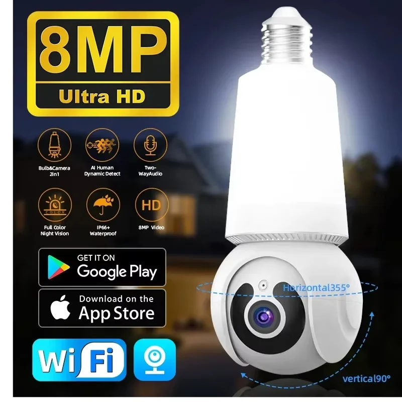 8 Million pixel E27 Camera, Equipped with LED Bulb, Supports WIFI, 360° All-Round Remote Monitoring of the Mobile Phone, Two-Way