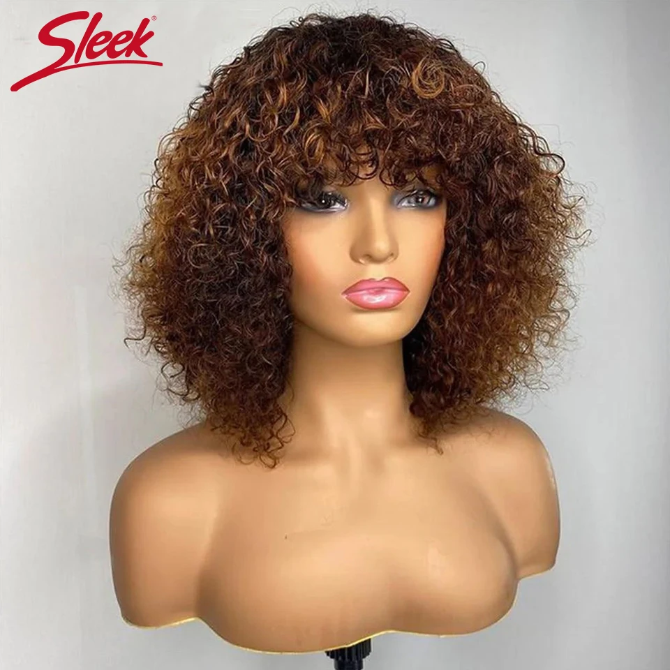 Peruvian Short Pixie Bob Cut Human Hair Wigs With Bangs Jerry Curly Non lace front Wig Highlight Honey Blonde Colored Wigs