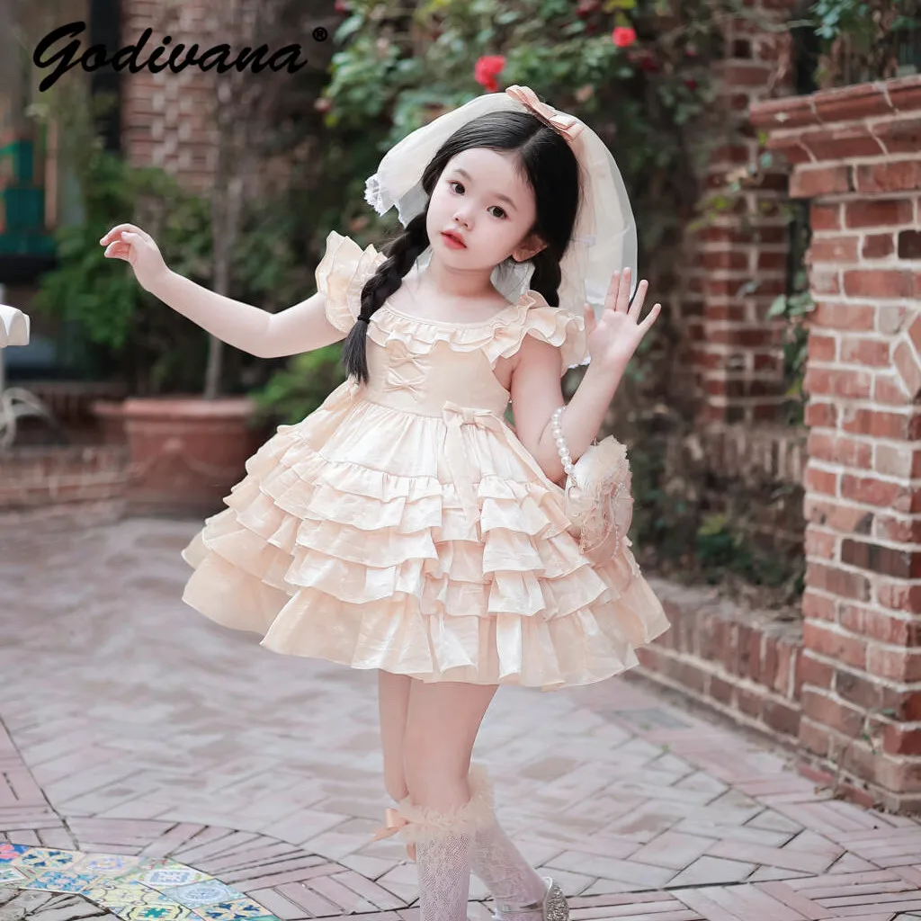 Sweet Baby Girls High End Champagne-colored Princess Dress 2026 New Summer Toddlers Ruffle Trim High Waist Birthday Cake Gown