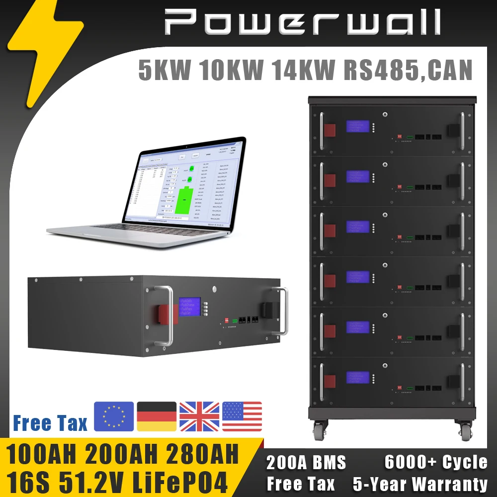

Аккумулятор Powerwall-LiFePO4, 48 В, 100 Ач, 150 Ач, 200 Ач, 280 Ач, 6000 циклов, 5 кВт, 10 кВт, 16S, 51,2 В, RS485 CAN ПК-монитор для солнечной энергии