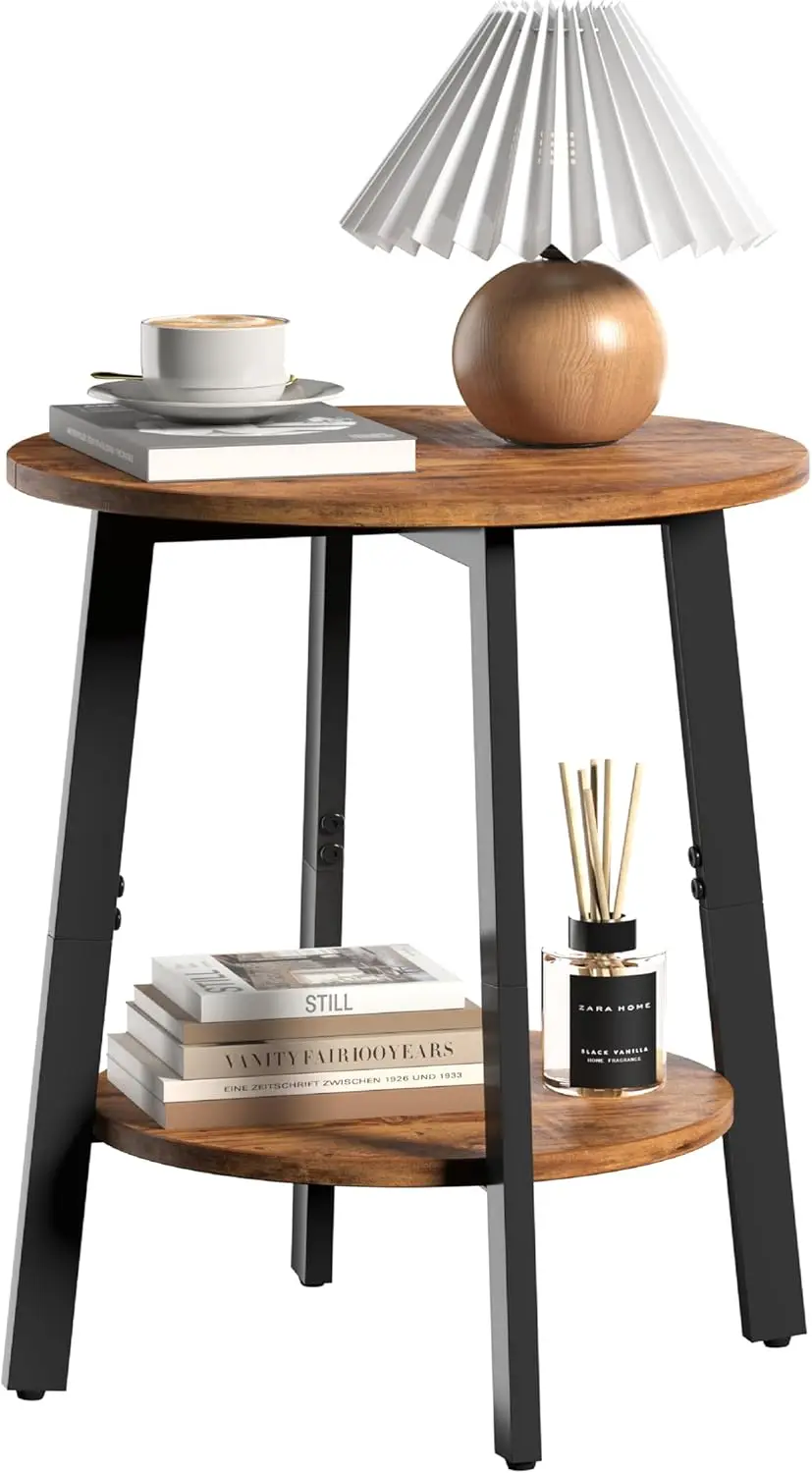 Side Table, Small Round End Table with Storage Shelf for Small Space, 2-Tier Small Bedside Table Sofa Couch Table