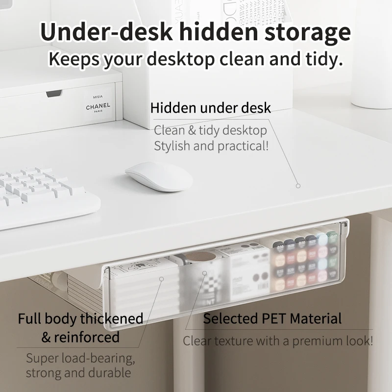 Under Desk Drawer Pull Out PET Clear Under Table Hidden Organizer Punch Free Self Adhesive Storage Tray For Home Office Sundries