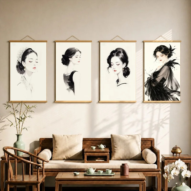 Black Feather Gothic Canvas Wall Art Hanging Scroll Dark Mysterious Bird Illustration with Wooden Rods for Room Decor