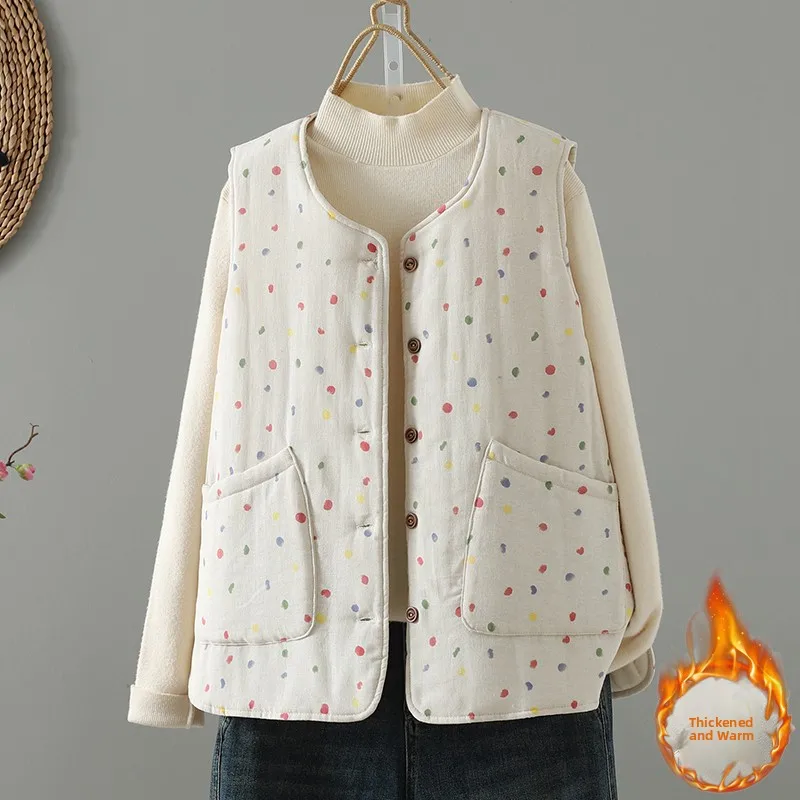 

Lightweight Cotton Blend Polka Dot Vest Women's Warm Artistic Retro Cotton Coat Vest Thin Top Outerwear round Ne Single Button