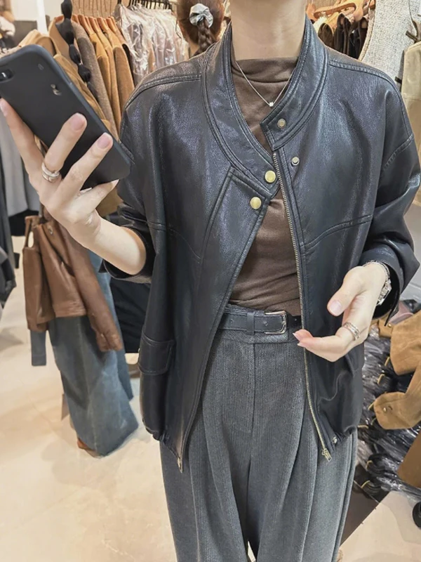 Jaqueta Feminina de Couro Coreana com Gola Alta, Estilo Motociclista, Nova Coleção Primavera, Solta com Cordão, Sensação de Luxo