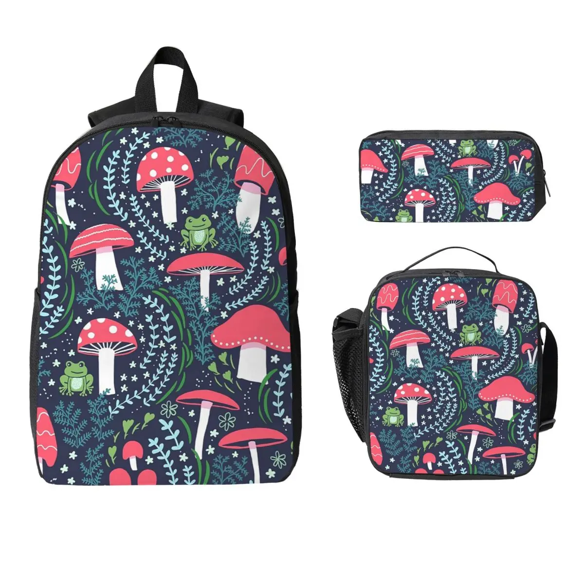 

Mushrooms, Toadstools And Frogs Backpack Student Boys Girls BookBag School Bag Shoulder Bags 3ps Insulated Lunch Bag Pencil Case