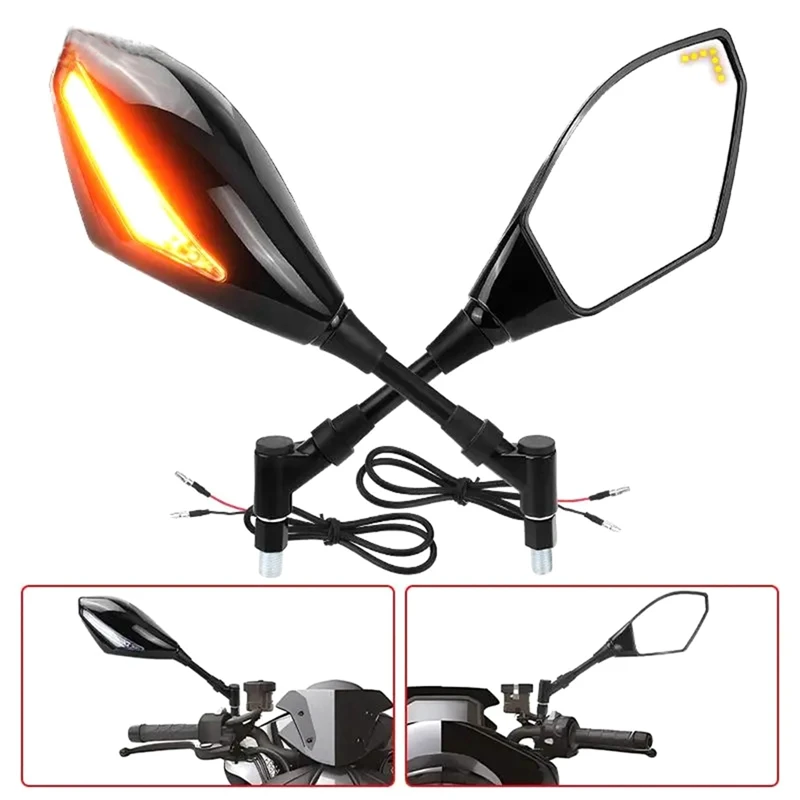 M8 M10 Universal Motorcycle Side Rearview Mirrors With Amber LED Turn Signals Indicator Lights For Honda Yamaha Kawasaki Parts