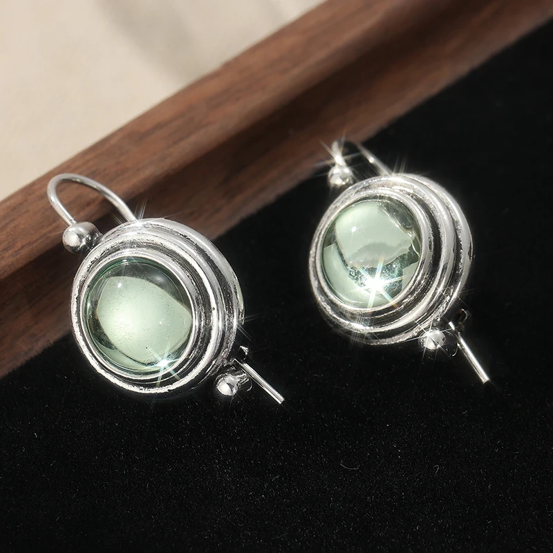 Vintage Silver Color Inlay Gemstone Pendant Earrings Woman Round Carving Daily Commute Casual Dangle Earrings Fashion Jewelry