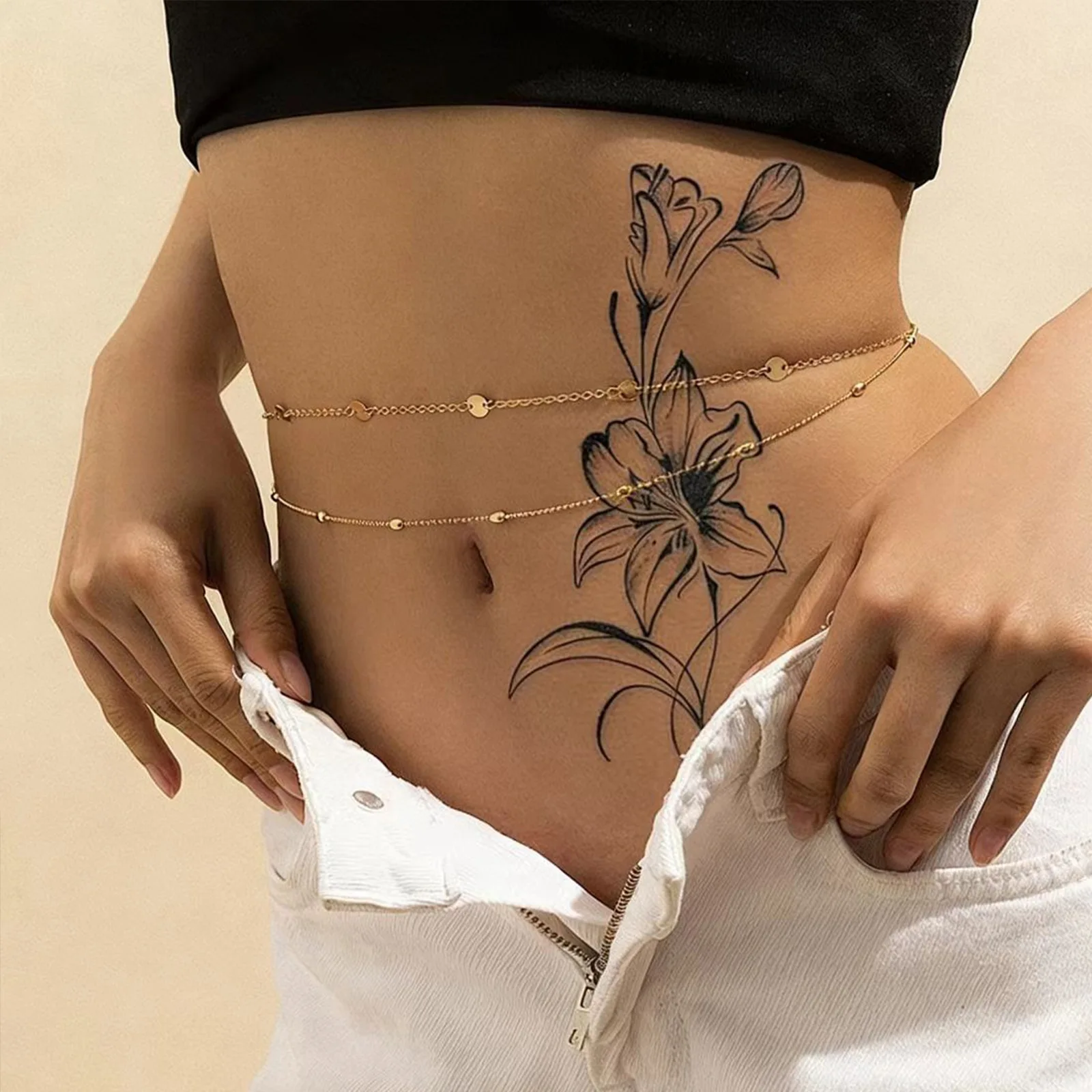 Lily Tattoo Sticker Temporary Tattoo, Simple Sketch Line Flower Tattoo, Sexy Waist Belly Body Art, Waterproof Long-Lasting Tatto