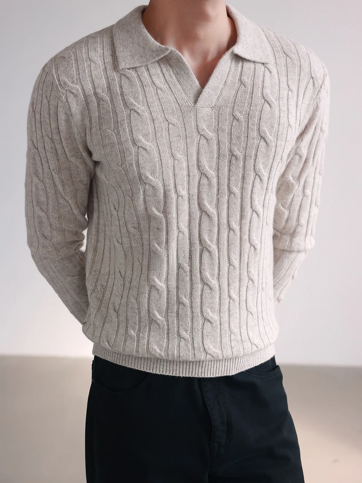  Men's Knitted Sweater with Twisted Pattern And Collar Wool Blend Long Sleeve Base Shirt for Autumn Winter Sea Gull ...
