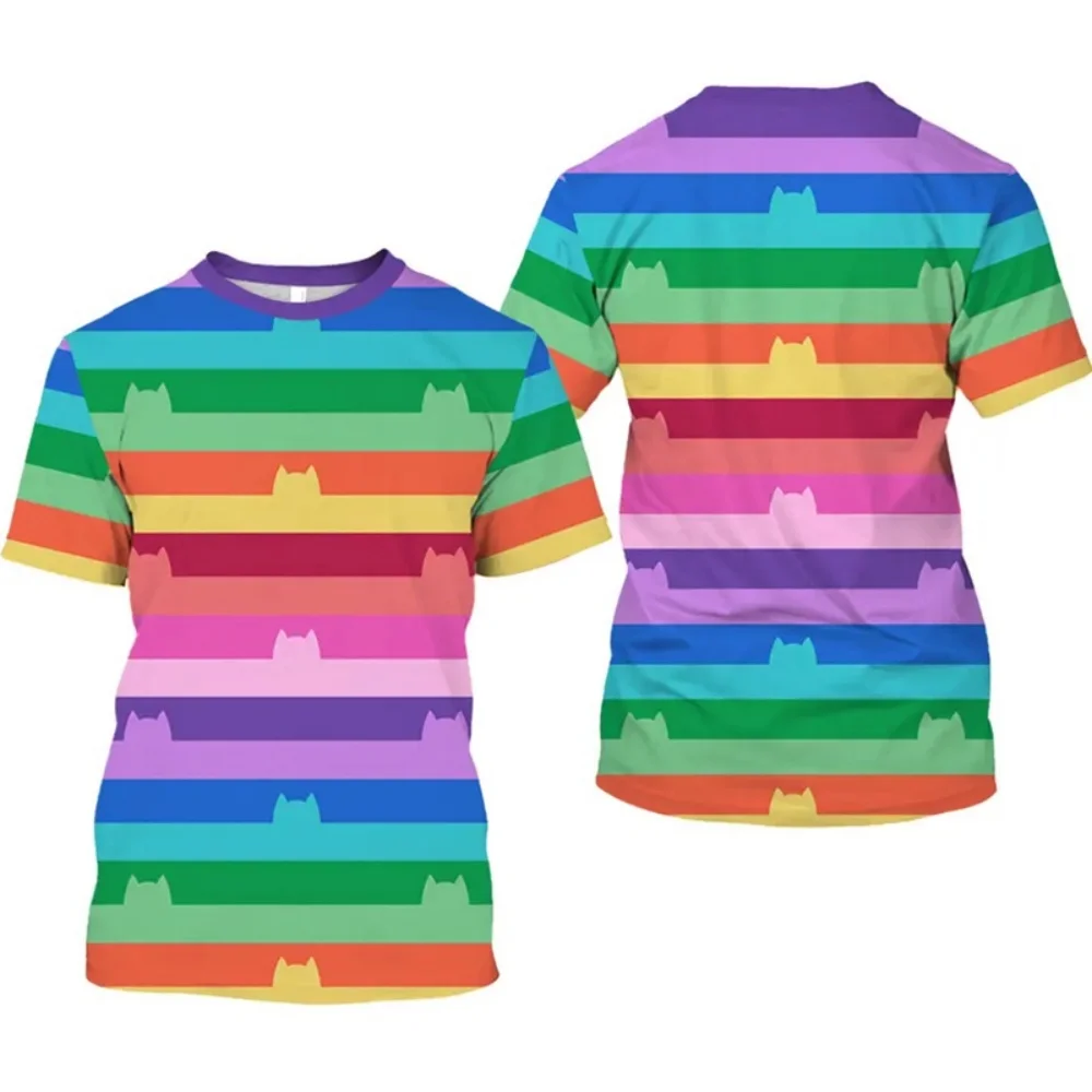 

Summer Stripe Men's T-Shirt Striped Rainbow Cat Print O-Neck Top Birthday Gift Fashion Funny Oversize Short Sleeve Men Clothing