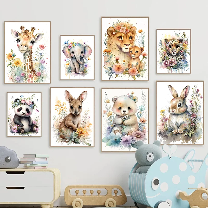 Carteles de pared de acuarela nórdica, jirafa, León, Safari, animales con flores e impresiones, pinturas en lienzo, imágenes murales para decoración