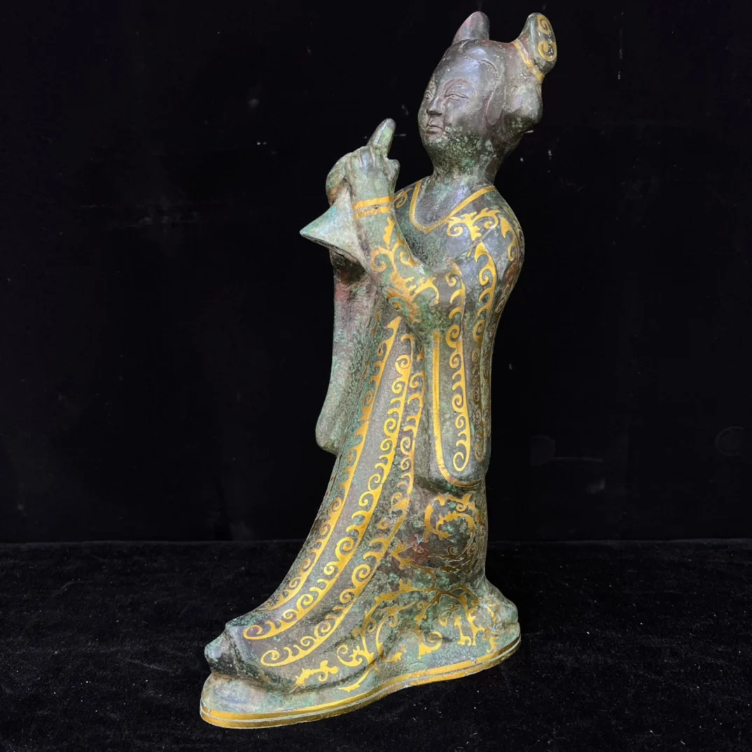 Old hand-caved bronze inlaid with gold female musicians,#06