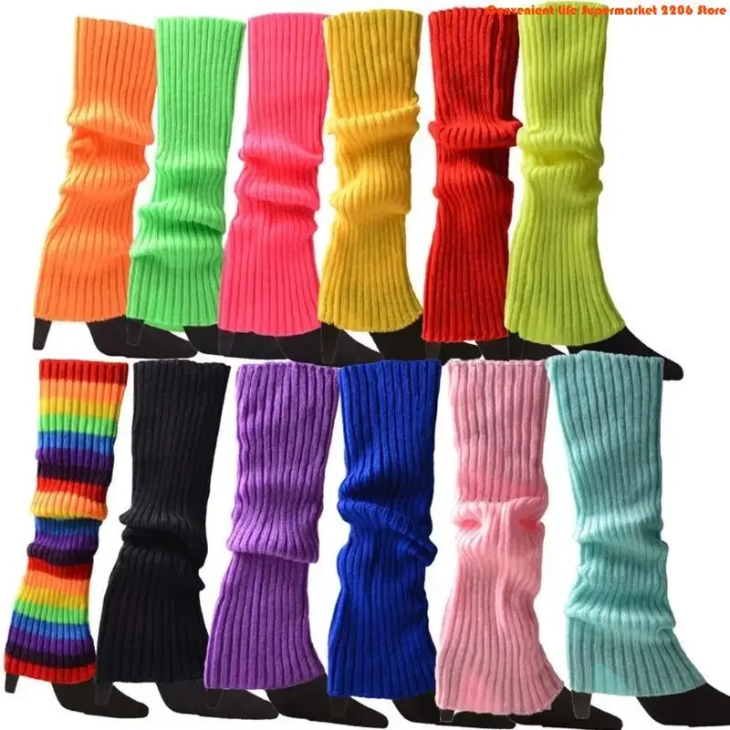 G92D Womens Fashion Leg Warmers Adult Junior 80s Ribbed Knitted Knee High Long Socks for Neon Party Fall Winter Sports Casual