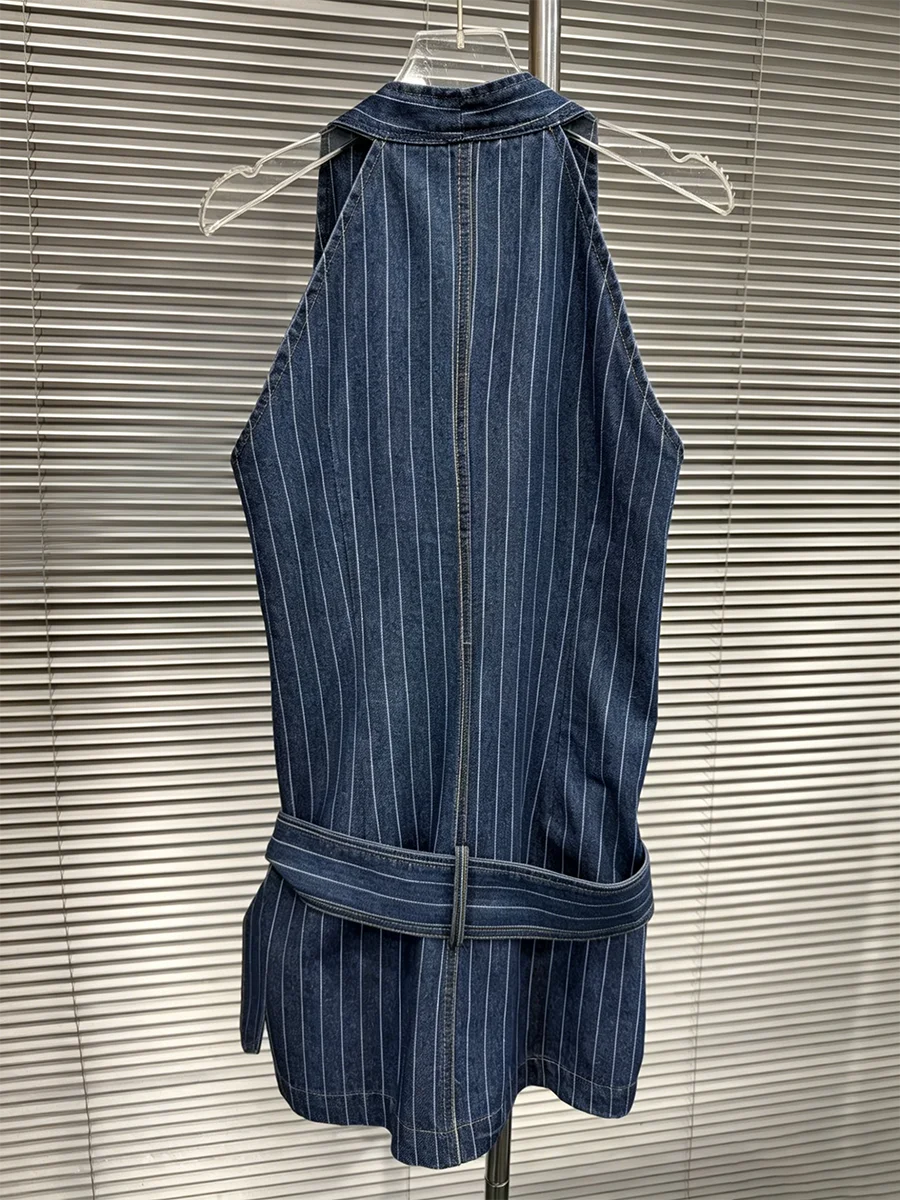 GALCAUR Colorblock Slimming Spliced Stripe Dress for Women V Neck Sleeveless Patchwork Belt Mini Dresses Female Fashion Style