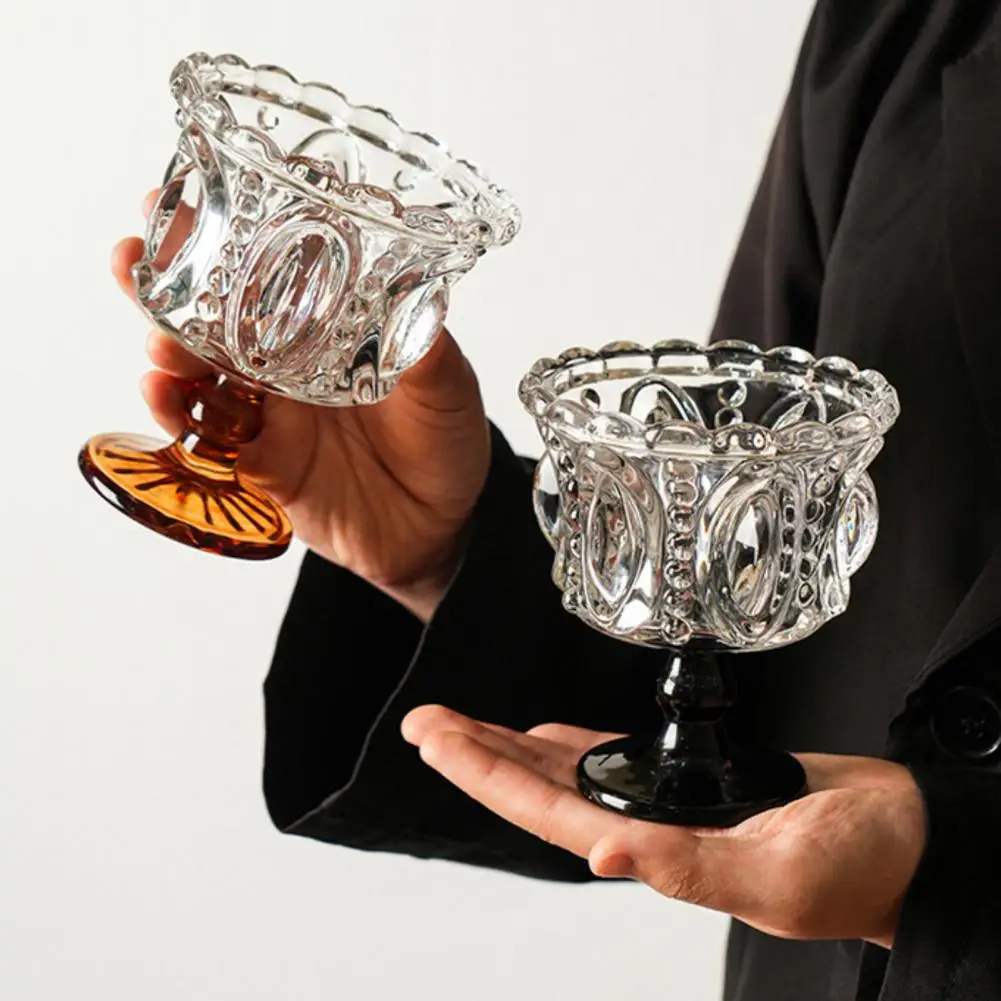 High Leg Glass Cup Vintage Style Drinking Glass Vintage Embossed Glass Dessert Cups Thickened Footed Ice Cream Bowls for Parties