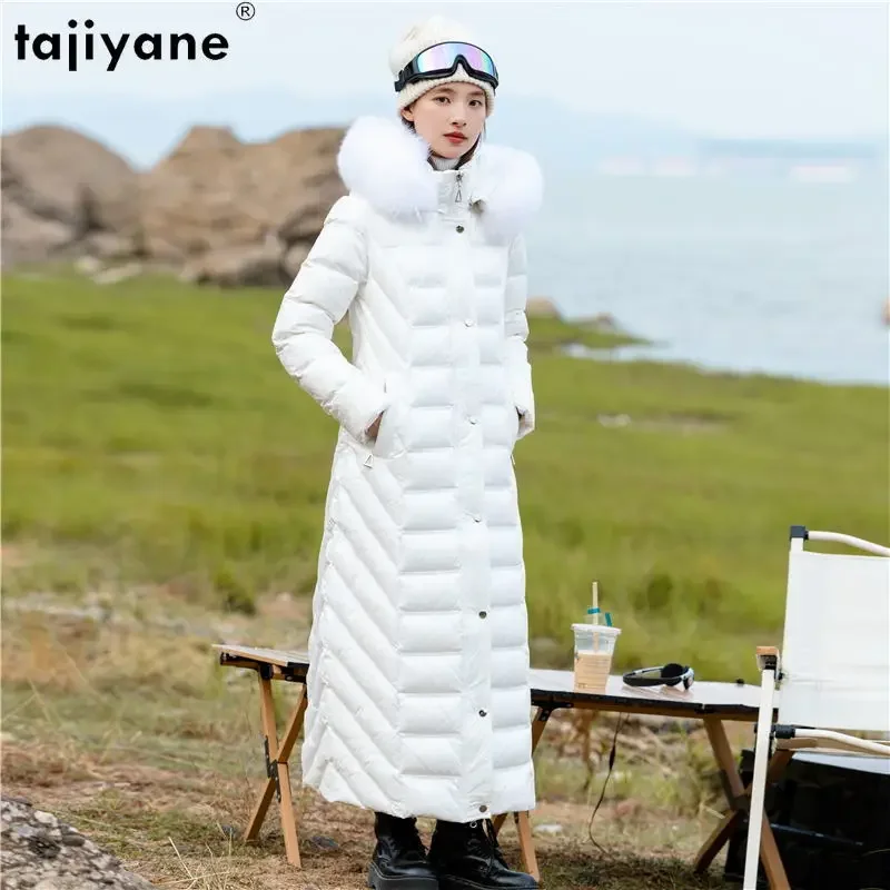 Tajiyane Warm 90% White Duck Down Jacket Women Winter Long Down Coats Fox Fur Collar Fashion Slim Glossy Parkas Jaqueta Feminina