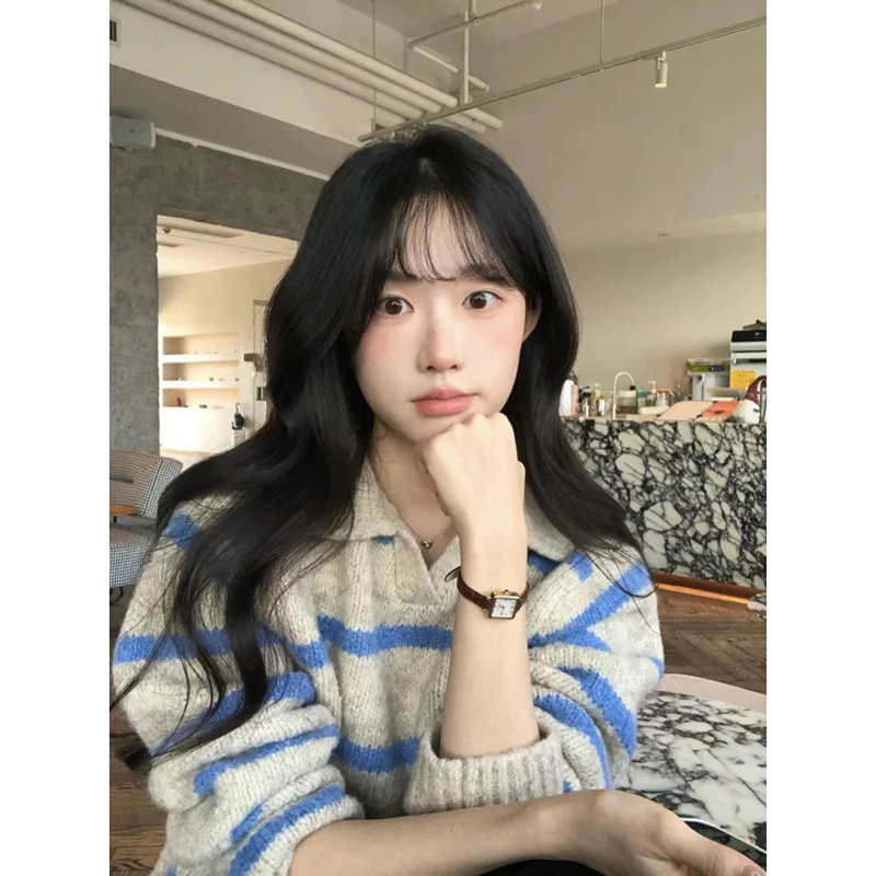 

YIBASHU Women's Blue Striped Long Sleeve Casual Sweater Y2K American High Street Fashion Retro Winter Top Warm Sweater Clothes