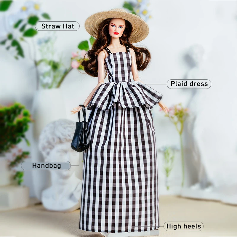 32 سنتيمتر عارضة أزياء ملابس دمى دعوى الأزياء الأوروبية خمر أبيض وأسود منقوشة اللباس مجموعة الأميرة فتاة DIY بها بنفسك لعبة جامع الهدايا