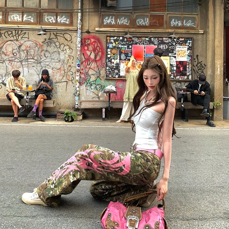 

American street retro camouflage curved knife printed spicy girl casual pants Y2K Harajuku style punk women's wide leg pants