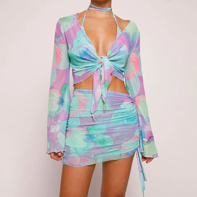 Top Short Skirt Set Beach Cover Suit Tie Dye Printed V-neck Top Hanging Neck Strap Gradually Changing Color Mesh  No Underwear