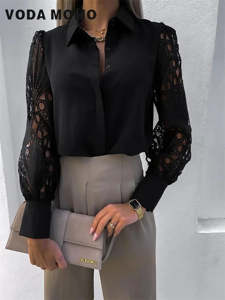 

Винтажные рубашки на пуговицах с длинным рукавом, сетчатые дизайнерские топы, кружевные топы с длинными рукавами и лацканами, женская блузка, весенне-летний топ, универсальный