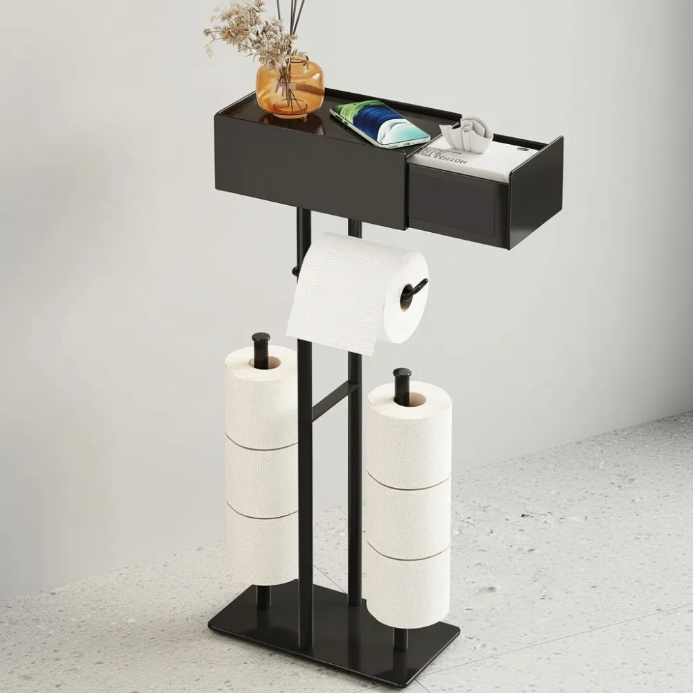 

Freestanding Toilet Paper Holder with Shelf & Drawer, No Drill Installation, Matte Black Bathroom Organizer for Home Use