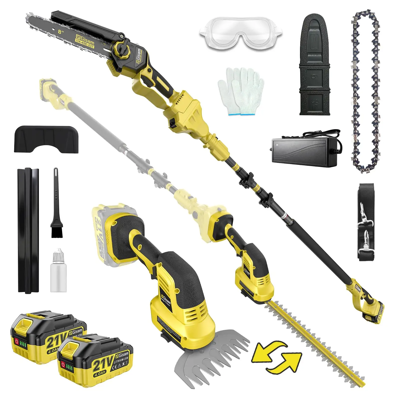 6-in-1 Cordless Pole Saw & Hedge Trimmer Combo & Grass Shear with Extension Pole Garden Tool with 2 4.0Ah