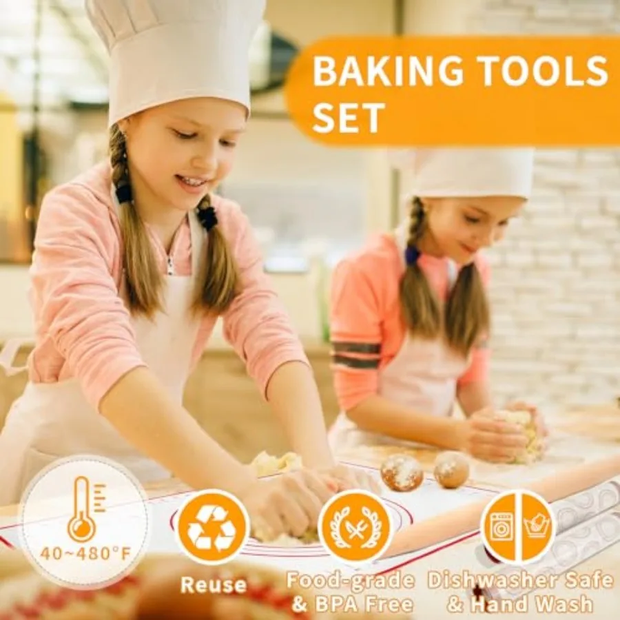 Silicone Baking Mat Sets, Dough Mat with Macaron Baking Mat Pastry Cutter Rolling Pin, Food Safe Pastry Mat, Reusable Cookie Sh