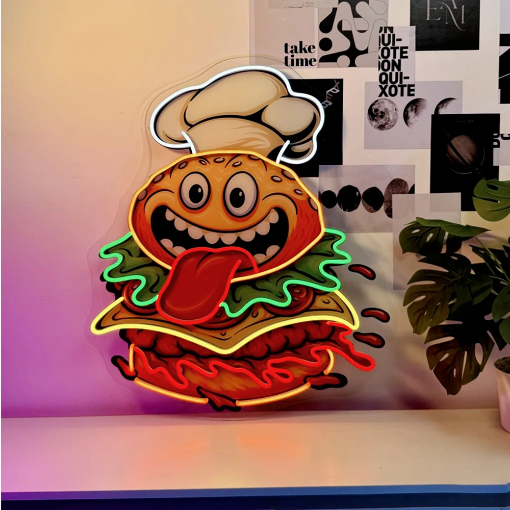 Funny Burger Chef Pop Art LED Sign Restaurant Kitchen Wall Decor Business Light Sign Fast Food Shop Decoration Night Light