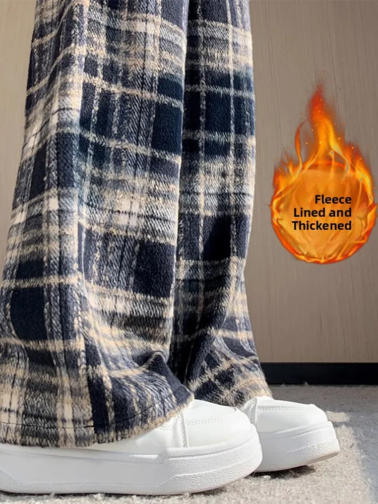 Warme, mit Fce gefütterte, karierte Hose mit weitem Bein, hohe Taille, gerader Schnitt, bodenlange Hose, koreanische Sle Commute Faion Damenhose