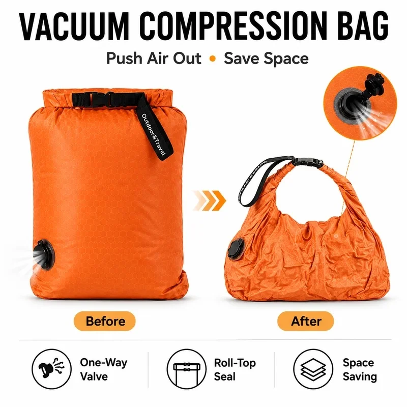 Travel Vacuum Compression Storage Bag 70D TPU Waterproof Roll-Top Travel Organizer with One-Way Air Valve for Camping Clothes