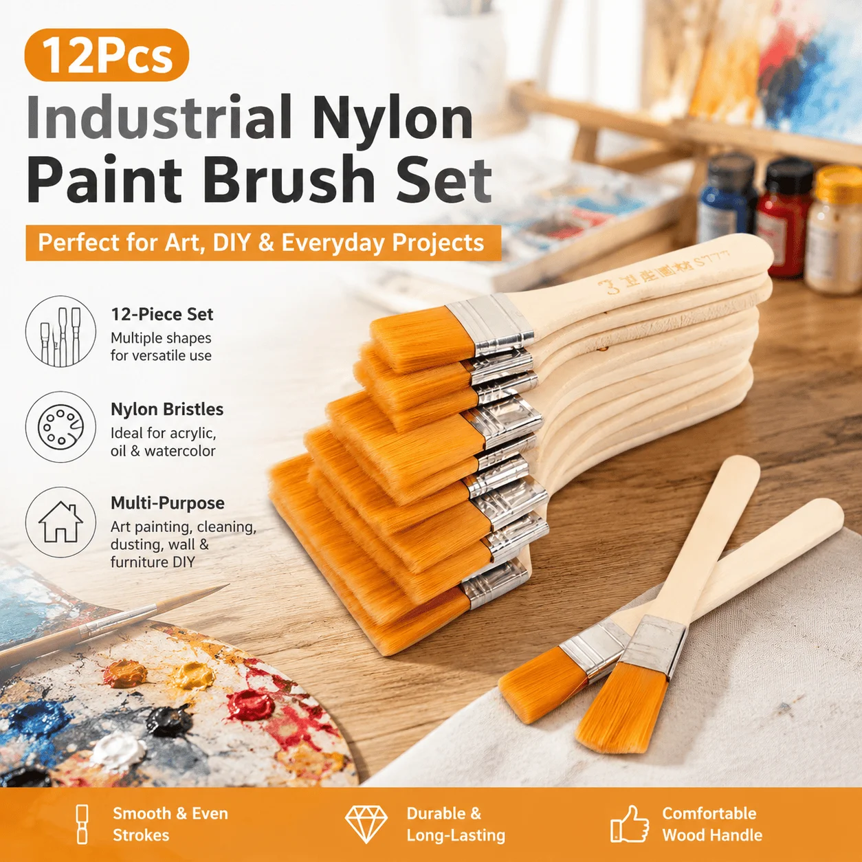 12pcs Nylon Hair Paint Brushes Set for Acrylic Oil Watercolor Painting Wooden Handle Art Supplies Professional Artists Hobbyists Miniature Rock Ceramic Modeling Crafting Detail Painting Brushes Kit Bulk Assorted Sizes