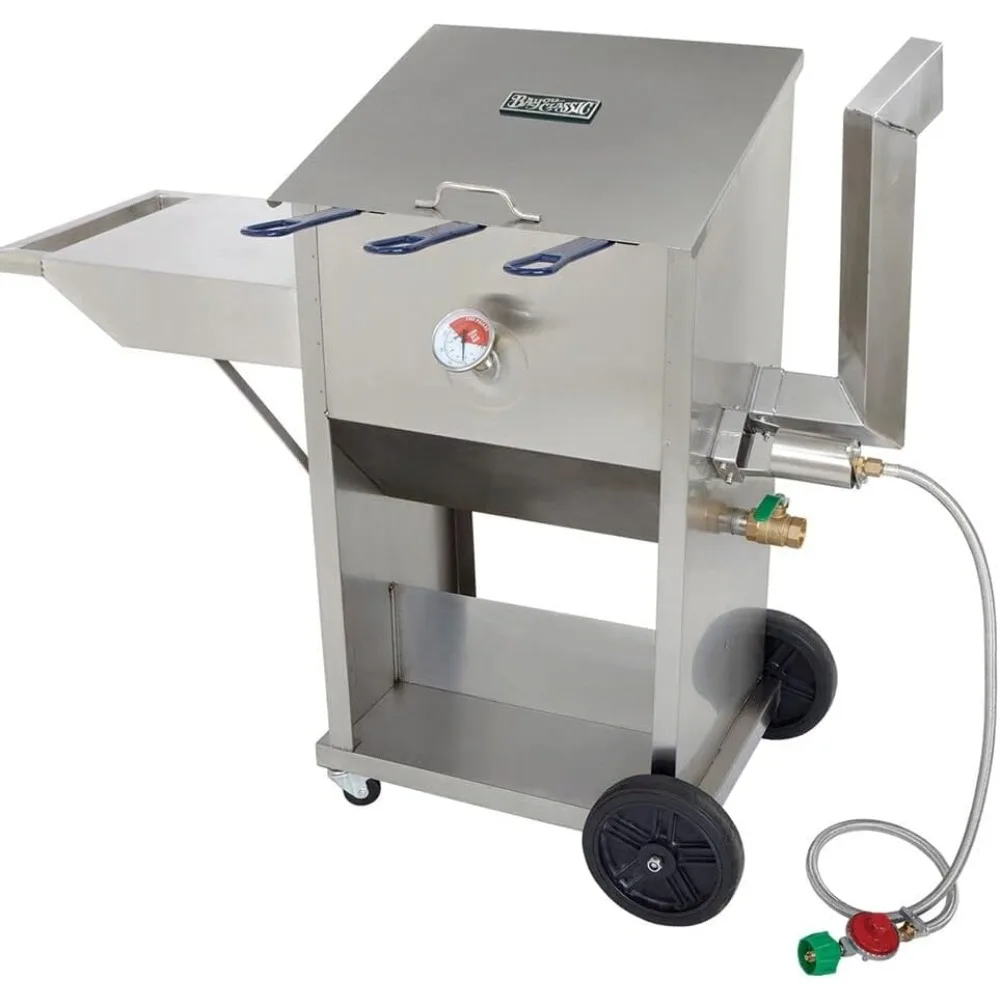 

High Quality 700-709 9-gal Stainless Bayou Fryer Features Stainless Cart w/Side Shelf Three Mesh Baskets Fry Thermometer
