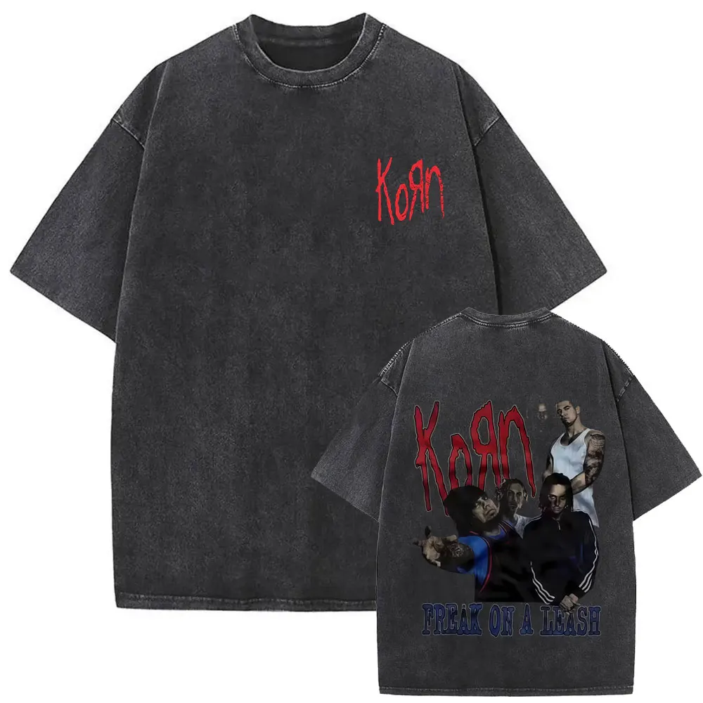 Washed Vintage Rock Band Korn Freak on A Leash Double Sided Print T Shirt Men Gothic Casual Oversized Tees Unisex Summer T-shirt