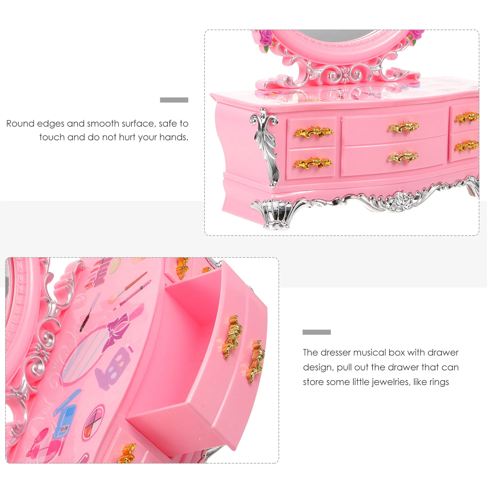 

Musical Box Dresser Jewelry Box with Drawer Organizer Safe Round Edges Kids Gift Jewelry Storage Case for Girls
