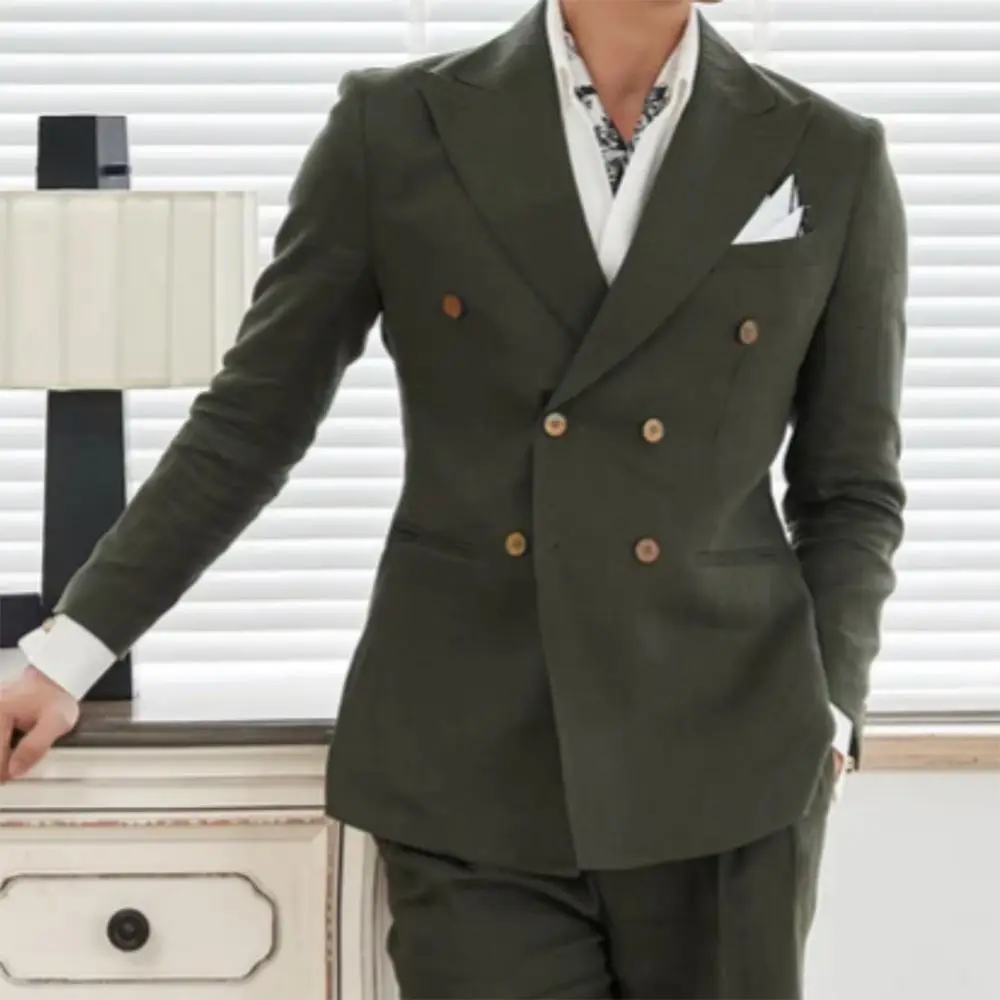 Men's Vintage Army Green Business Peak Lapel Blazer Elegant Double-breasted Long Sleeves Slim Fit Wedding Guest Office Jacket