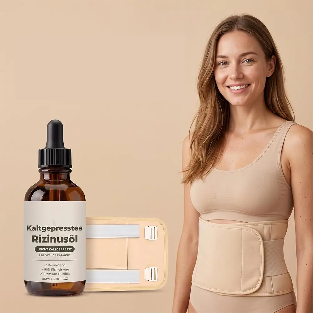 Cold Pressed Castor Oil Body Oil with Reusable Wrap Moisturizing Nourishing Skin Care Massage Oil for Abdomen Waist and Joints