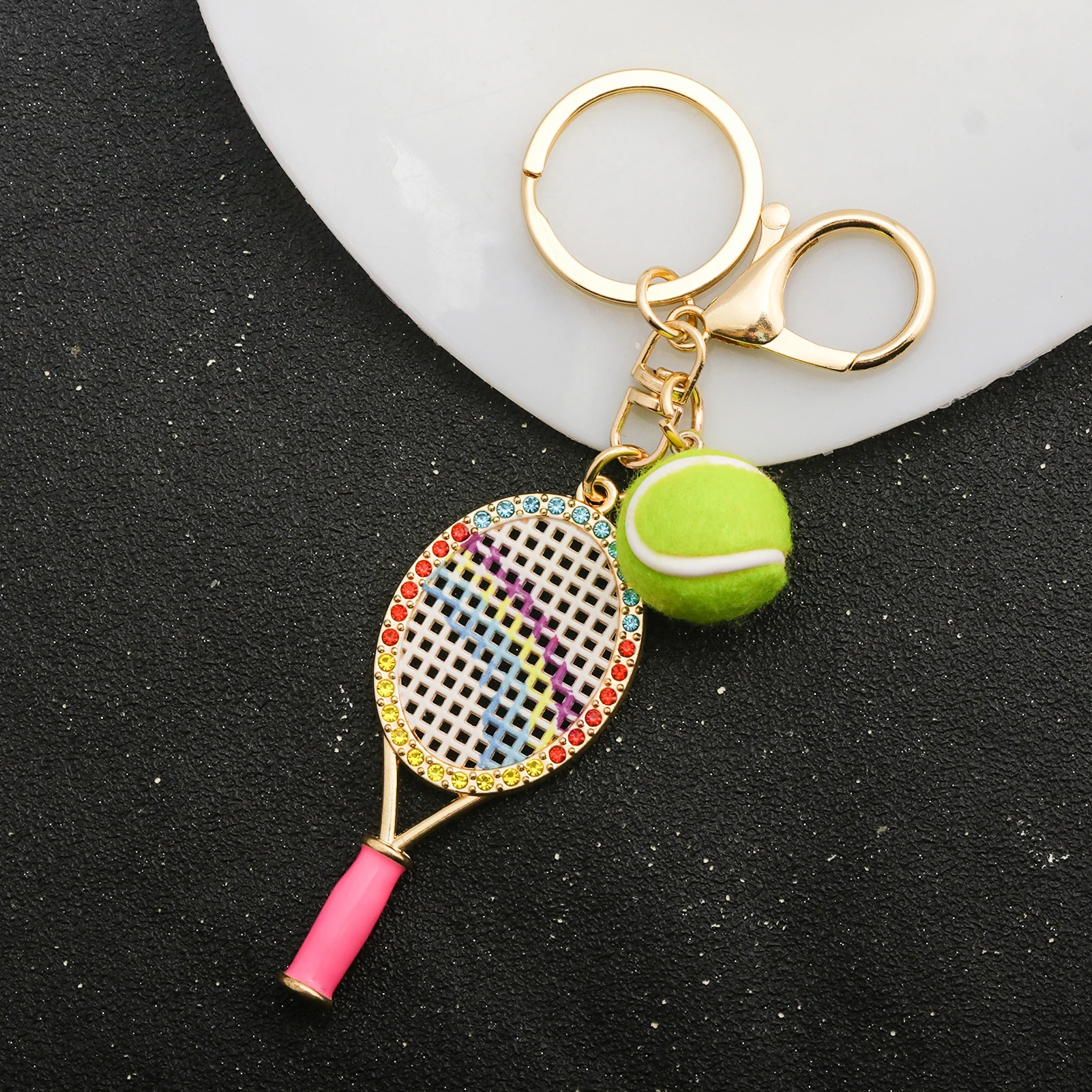 Kristallherz-Tennisschläger-Schlüsselanhänger, Mini-Filz-Tennisball-Taschenanhänger, Sport-Schlüsselring, Rucksack- und Handtaschenanhänger, Geschenk für Frauen – Detail 5