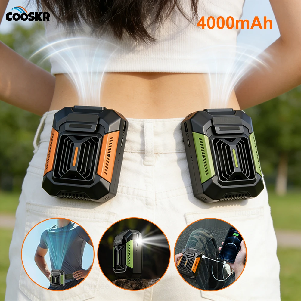 Mini-Taillenclip-Ventilator, USB wiederaufladbar, tragbarer Outdoor-Ventilator für Arbeit, Sport, Wandern, Taillenventilator mit 4000 mAh Powerbank und LED-Beleuchtung