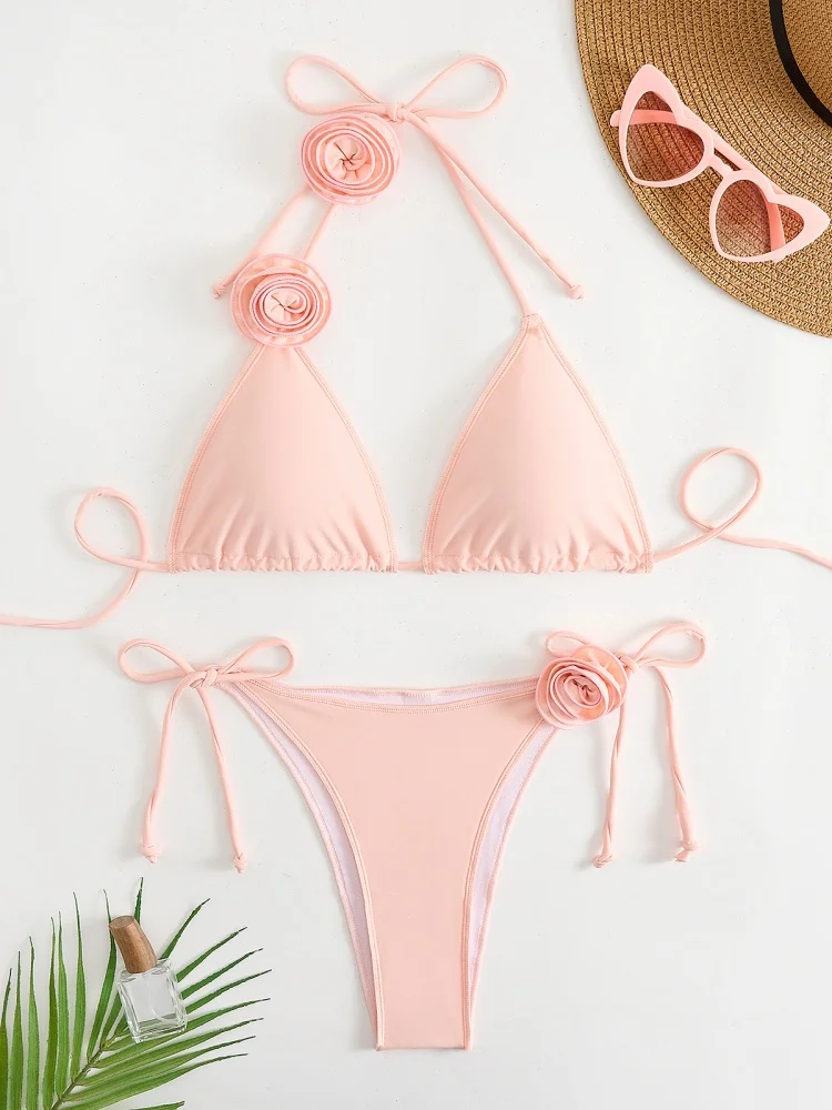 Costume da bagno donna bikini 2025 Nuovo bikini design halter rosa solido Set costumi da bagno sexy con lacci Costume da bagno estivo da spiaggia femminile