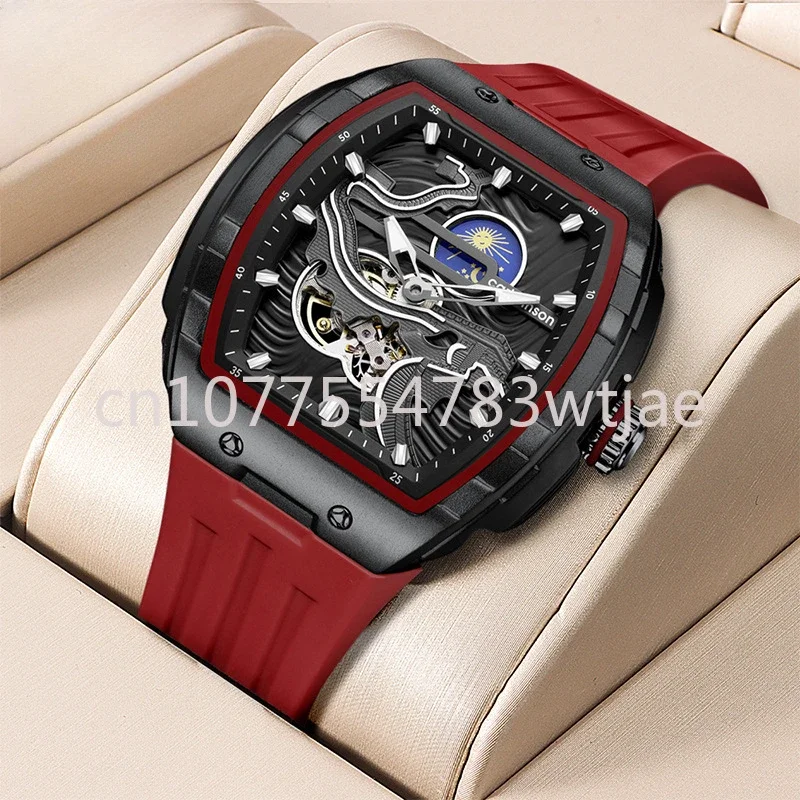 

Men's fully automatic mechanical watch, barrel type, luminous, waterproof, skin friendly silicone tape, men's watch