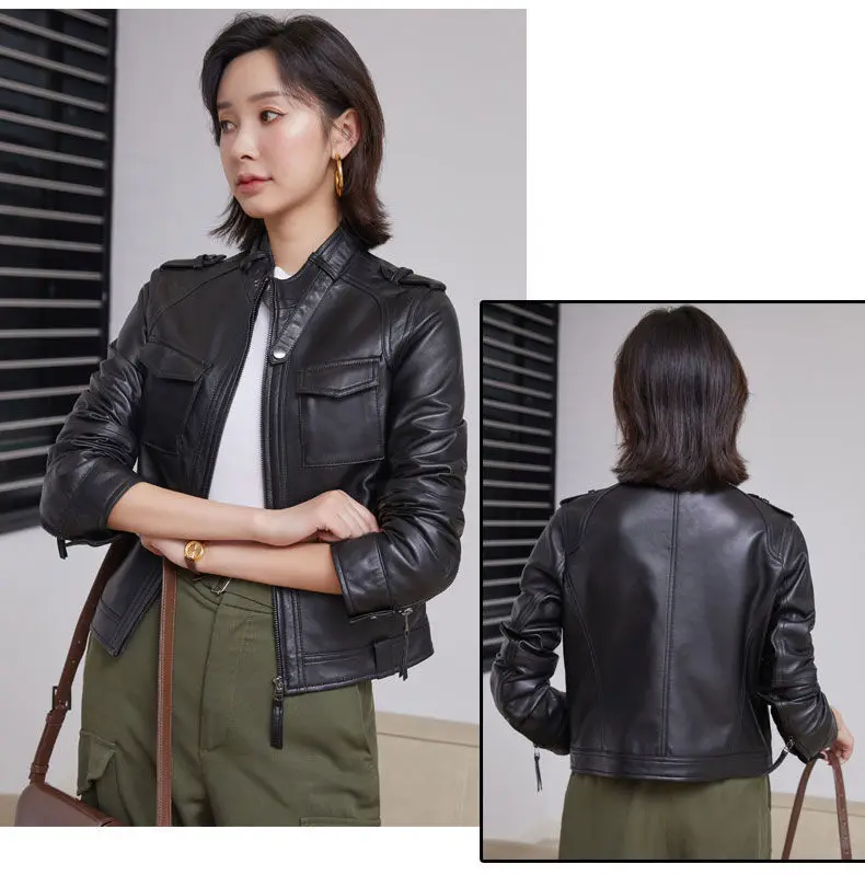 

2023 Spring Genuine Leather Jacket Women Fashion Real Sheepskin Coat Motorcycle Biker Jacket Female Sheep Leather Coat Female F