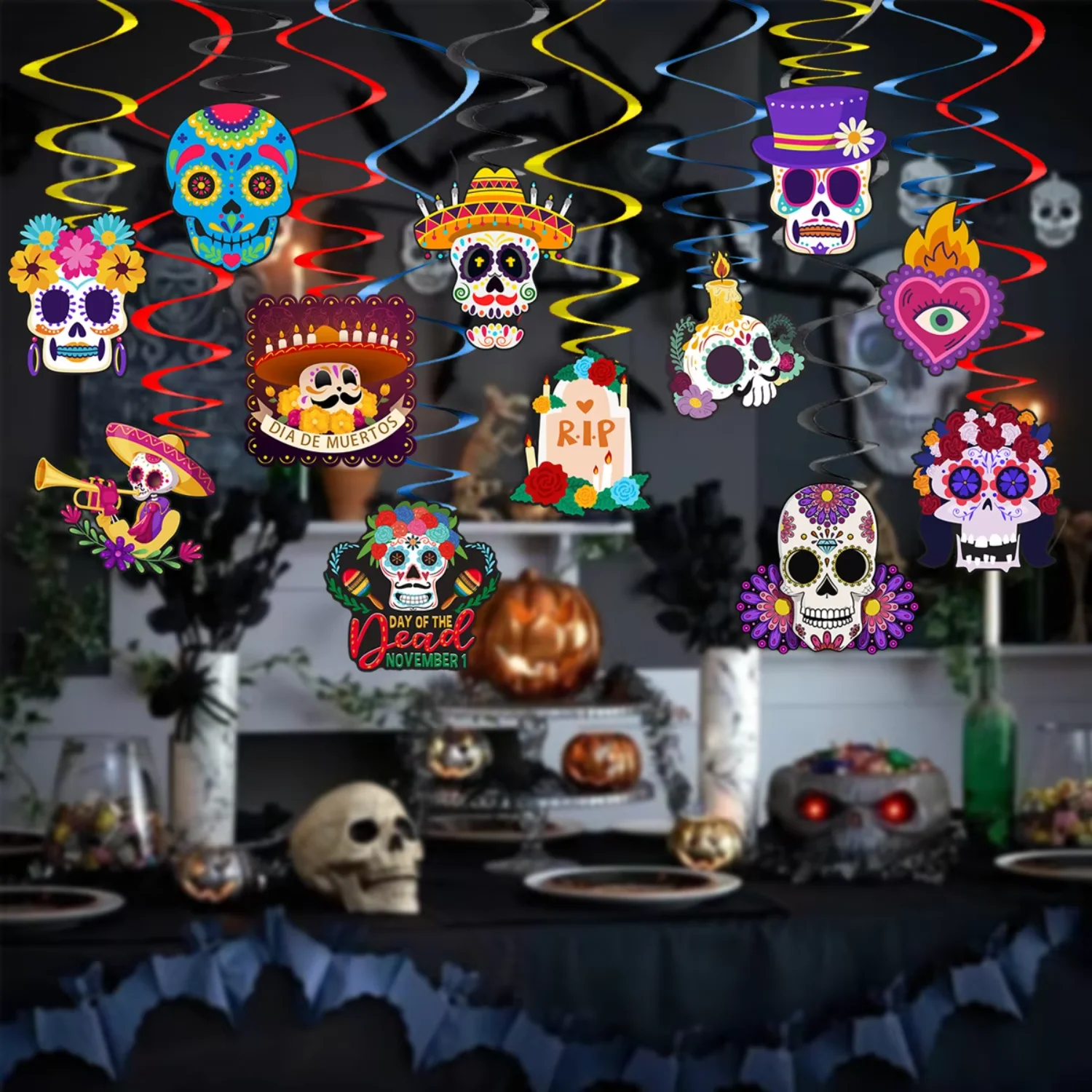 12pcs Set Day of the Dead Party Decorations Hanging Decor Paper Foil Swirl Halloween Decoration Party Supplies