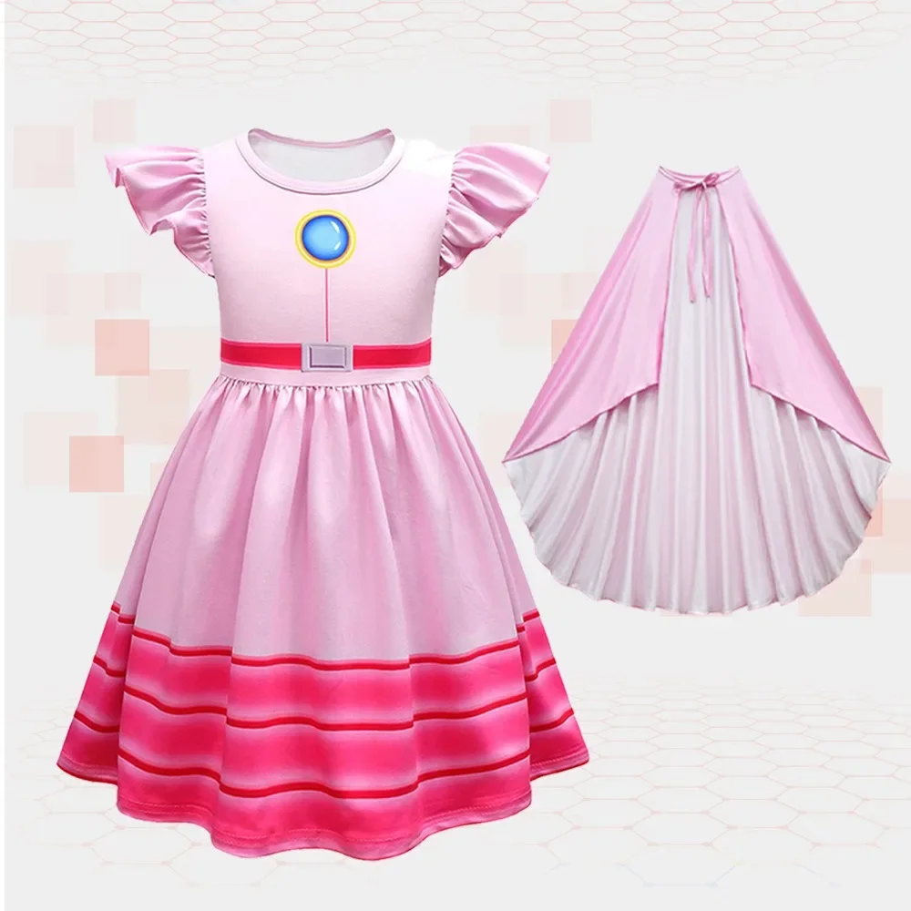 Peach Princess Cosplay Costume Girls Anime Game Pink Fluffy Sleeved Skirt Kids Princess Role Play Dress Suit Halloween Party