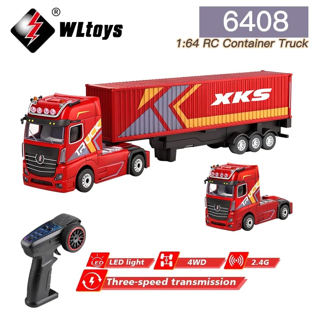 WLtoys 6408 1/64 Alloy RC Tractor Truck with Light 4WD Horn Independent Control Liftable Container Cruise Control RC Car Kid Toy