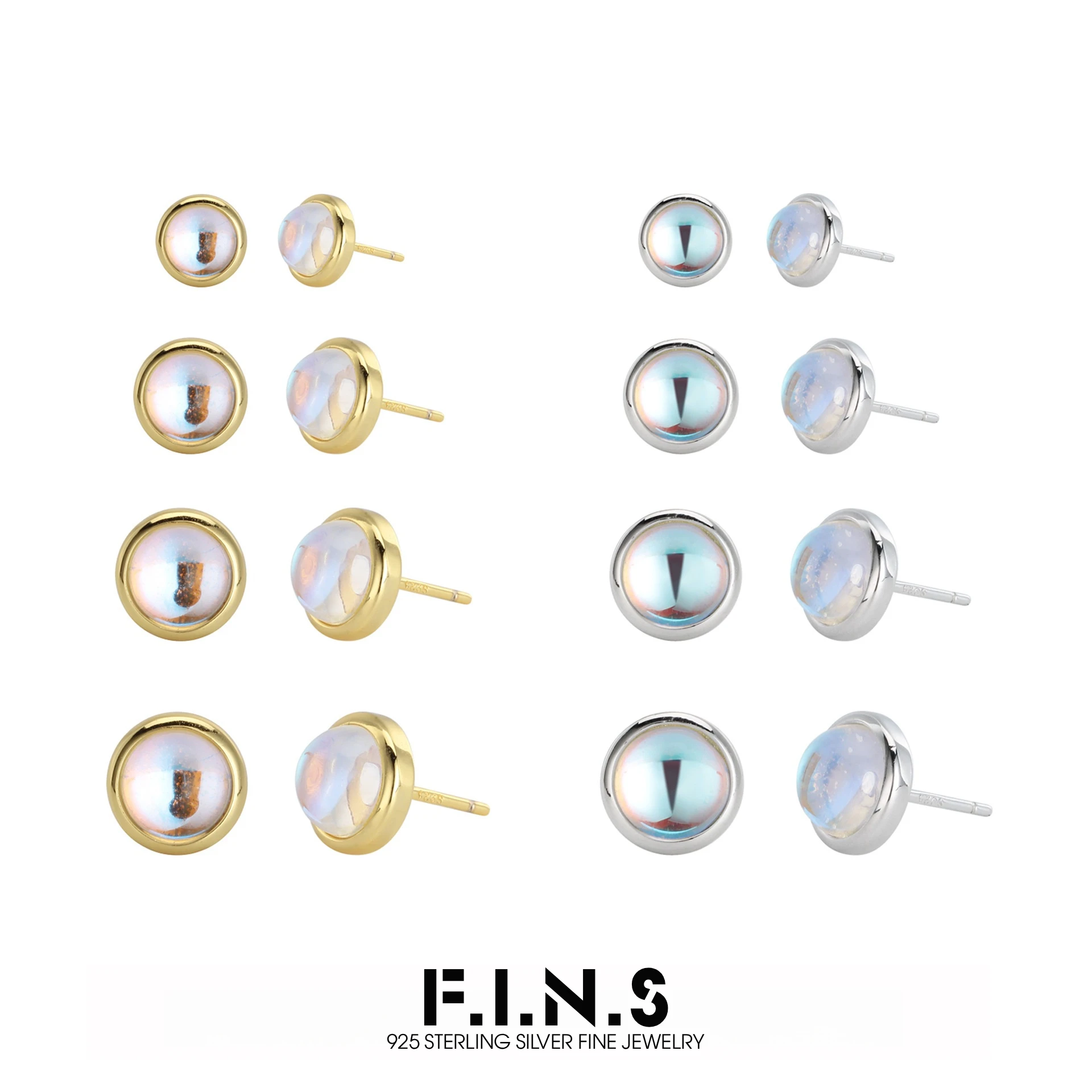 F.I.N.S Minimalist Moonlight Stone Stud Earrings for Men Women 925 Sterling Silver Round Piercing Stackable Anti Allergy Earring