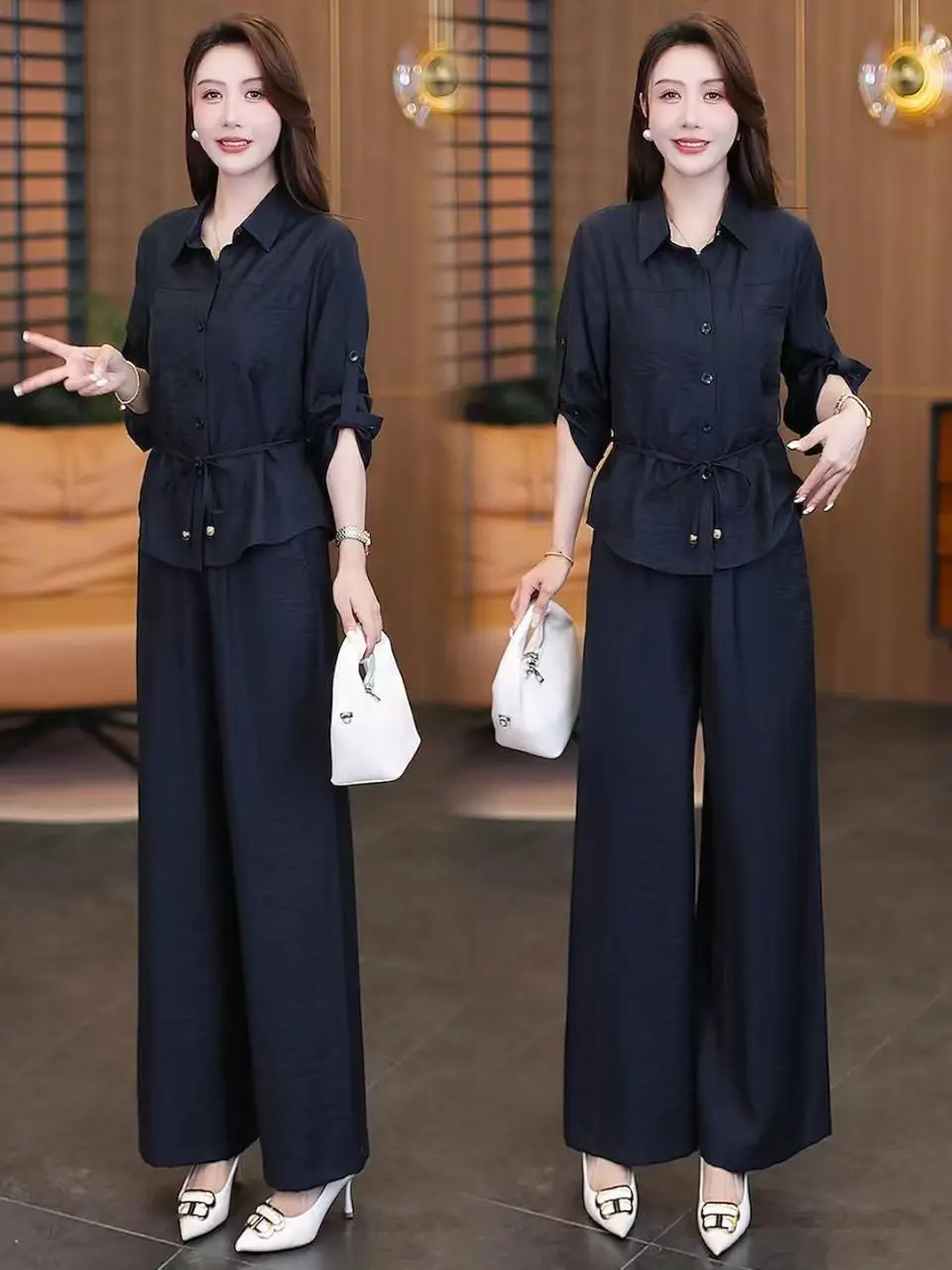 Fashionable Casual plus Size Women's Clothing Set Spring Autumn New Style Slimming Shirt Loose Wide Leg Pants Two Piece Set