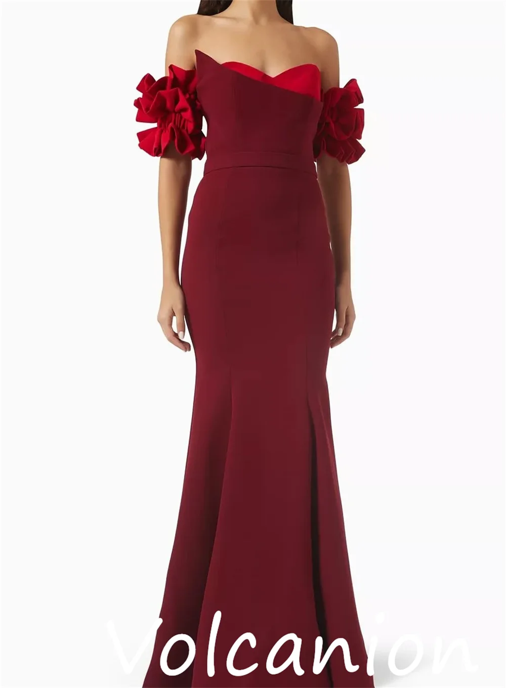 Gaun Panjang Bahu Terbuka Terompet Lipat Jersey Gaya Cina yang Disesuaikan dengan Acara Yang Dipesan Lebih Dahulu