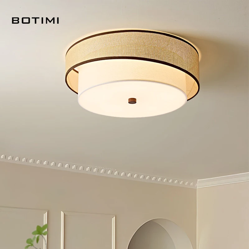 BOTIMI New Arrival 2 Layers Natural Rattan Weaving Cloth Ceiling Light For Bedroom Modern Surface Mounted Fabric Room Lighting